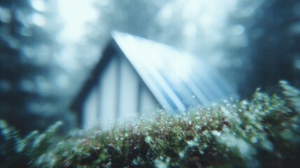 Mysterious cabin emerges from foggy forest, surrounded by lush g