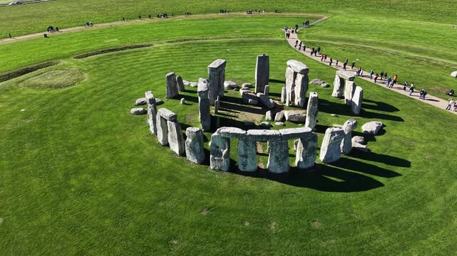 Drone view of Stonehenge and Wiltshire Countryside in England, UK. The stone circle dates to 3000 BC and is one of the best known ancient wonders of the world and UNESCO World Heritage Site.