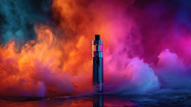 Sleek metallic vape device (e-cigarette) in vibrant, colorful smoke and reflection