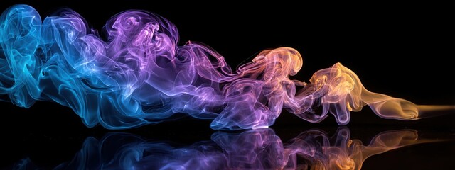 Naklejka premium Stunning ethereal composition of swirling colored smoke or vapor with reflection on a black surface