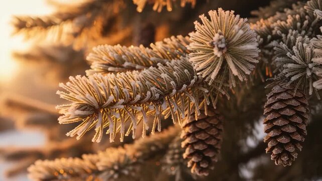 Close up of frosty pine branches with pinecones at sunrise with golden light and soft focus background