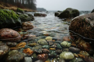 Fototapeta premium Clear water ripples over colorful rocks near the shore of Lake Tahoe in California during the daytime in the Summer