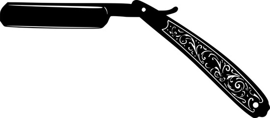 Black silhouette of a straight razor blade with a handle isolated on white background
