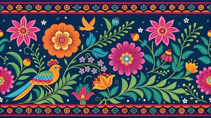 Vibrant floral border illustration with birds and flowers in full bloom