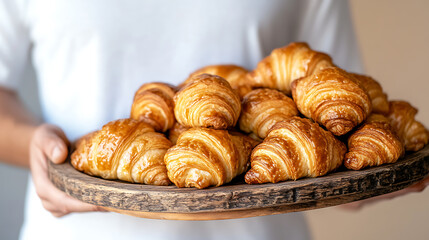 Fototapeta premium Golden croissants pile, a pastry dream. Freshly baked, they sit on a wooden plate, ready to be devoured in a delightful treat.