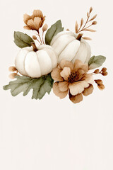 Watercolor white pumpkins, autumn flowers, green leaves and brown blooms on textured white paper. Elegant fall botanical illustration. Copy space for greeting cards, invitations, banners, seasonal tem