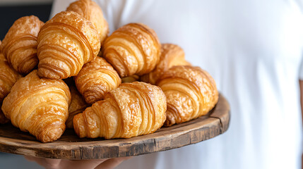 Golden croissants piled high on a rustic wooden board, held by a person in a white shirt, creating a warm and inviting breakfast scene.