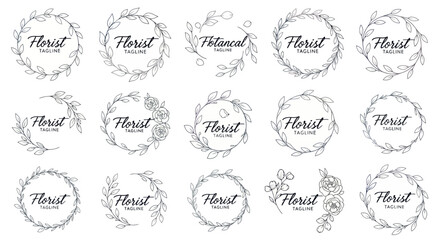Collection of hand drawn floral wreath logo templates for florists.