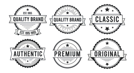 Set of vintage quality brand badges and labels with ribbons.