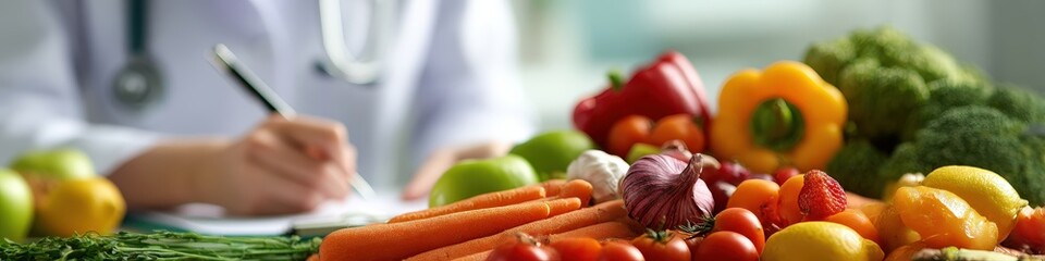 Fresh vegetables on a table with a blurred dietitian or doctor in a white coat writing in the background