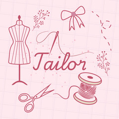 A pink-themed illustration featuring a dressmaker's mannequin, sewing scissors, a spool of thread, and decorative elements like flowers and a bow. Perfect for fashion and sewing-related projects.