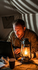 Obraz premium Caucasian man journalist working late at night in tent illuminated by lantern. War correspondent reporting from conflict zone.