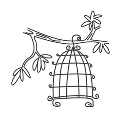 doodle vector illustration of a bird cage hanging on a tree