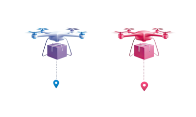 Two illustrations of drones carrying packages with location pins hanging below, on black background