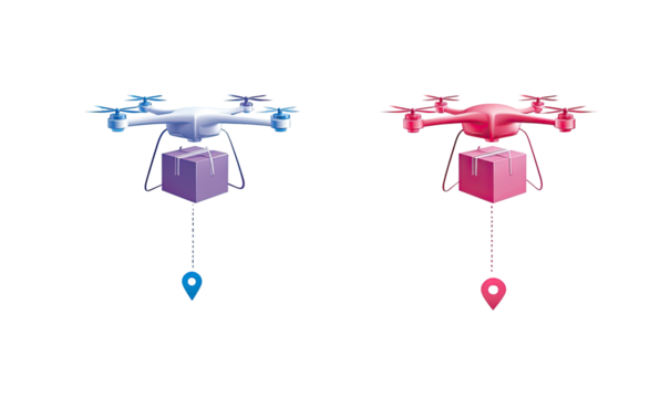 Two illustrations of drones carrying packages with location pins hanging below, on black background