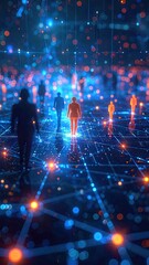 Silhouetted Figures Walking on a Futuristic Luminous Grid