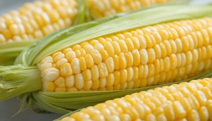 Close-up of fresh, ripe corn on the cob with green husks, showcasing kernels