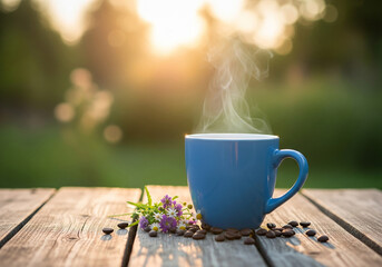 Morning coffee in a garden at sunrise. A hot, steaming cup on a rustic wooden table with a beautiful, sunny, and blurred natural background.