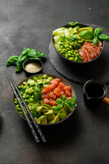 salmon, avocado and edamame bean bowl