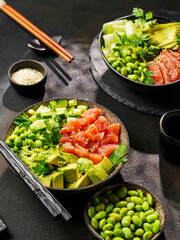 salmon, avocado and edamame bean bowl