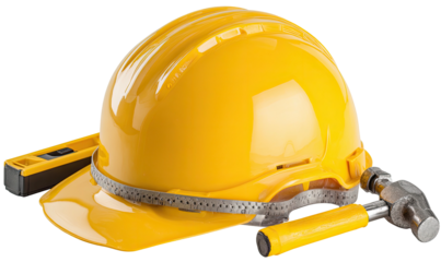 A bright yellow construction helmet rests near a hammer and level tool on a transparent background