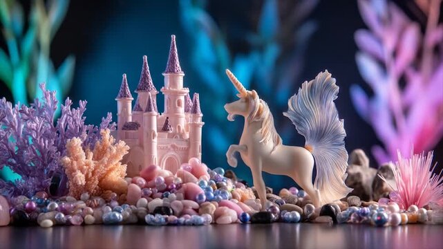 Magical unicorn sculpture and castle amidst colorful aquatic flora