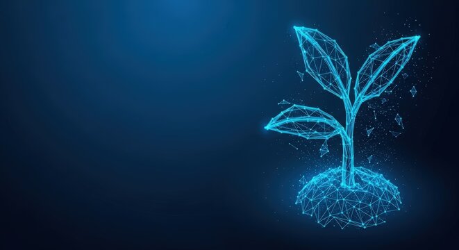 A digital plant sprout growing from a glowing technology network