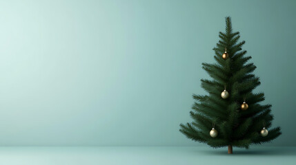 Minimalist holiday scene: A festive fir tree adorned with golden baubles stands against a serene teal backdrop, embodying simple holiday elegance.