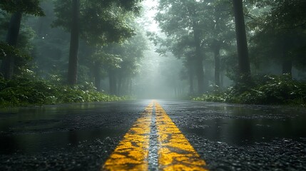 Mysterious forest road with bright light and yellow line