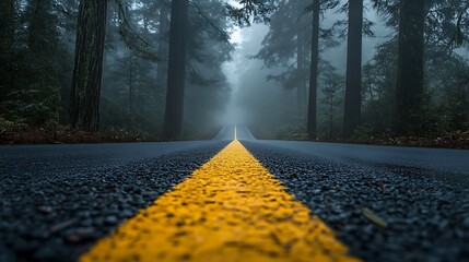 Empty forest road with yellow line disappearing into fog