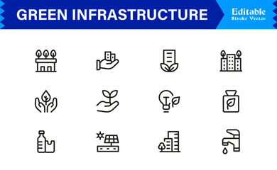 Essential Green Infrastructure Line Icon Set – Professional Minimal Vector Icons Featuring Modern Editable Pixel-Perfect Designs for Sustainable Urban Development and Ecology
