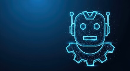 Fototapeta premium A glowing blue AI robot head with a gear in a plexus design