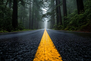 Empty forest road with bright yellow line leading into mist