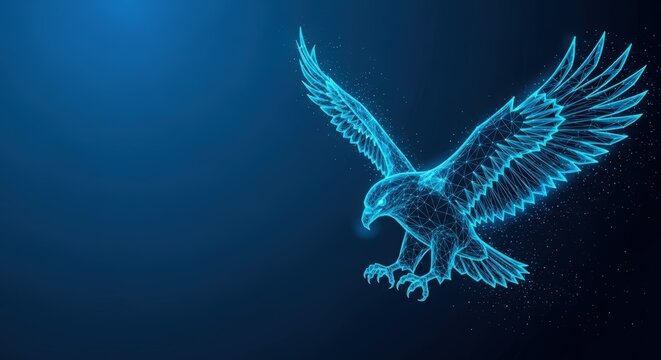A glowing blue digital eagle descending with its wings spread