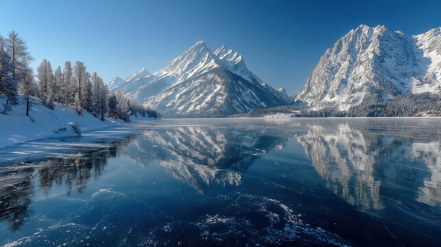 Mountain reflections on a frozen lake in a serene winter landscape under a clear blue sky - Powered by Adobe
