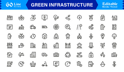 Essential Green Infrastructure Line Icon Set – Professional Minimal Vector Icons Featuring Modern Editable Pixel-Perfect Designs for Sustainable Urban Development and Ecology