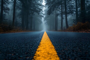 Empty asphalt road with yellow line through misty forest