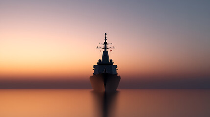 Modern warship silhouetted against a vibrant sunset, sailing on calm waters. Powerful maritime vessel in a serene yet dramatic setting. Naval strength at sea.
