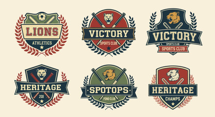Set of vintage sports team logos and athletic club emblems.