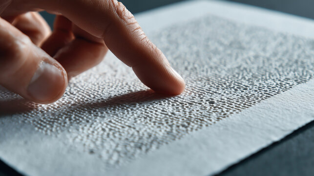 Exploring braille with fingertips on textured paper during a learning session