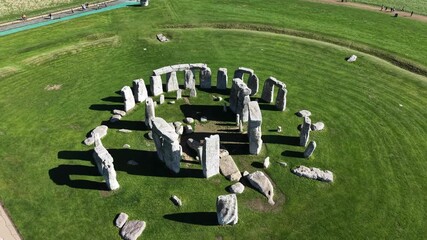 Drone view of Stonehenge and Wiltshire Countryside in England, UK. The stone circle dates to 3000 BC and is one of the best known ancient wonders of the world and UNESCO World Heritage Site.