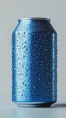 Close up of a cold blue soda can covered in condensation droplets