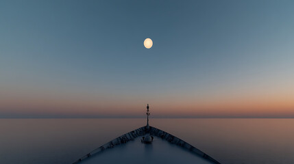 Ship sailing towards the moon at dusk. Calming blues and orange hues fill the sky. Tranquil scenery for peace and serenity.
