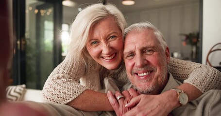 Face, senior couple and selfie in home, hug and affection for profile picture on social media or web. Happy, old woman and bonding with elderly man, laugh and embrace in house, photography and flare - Powered by Adobe