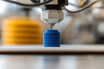 Obraz premium Close-up of a 3D printing process, focusing on the layering of blue filament. Modern manufacturing and precision engineering highlighted.