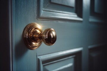 Shiny brass doorknob on rustic blue door, inviting exploration a