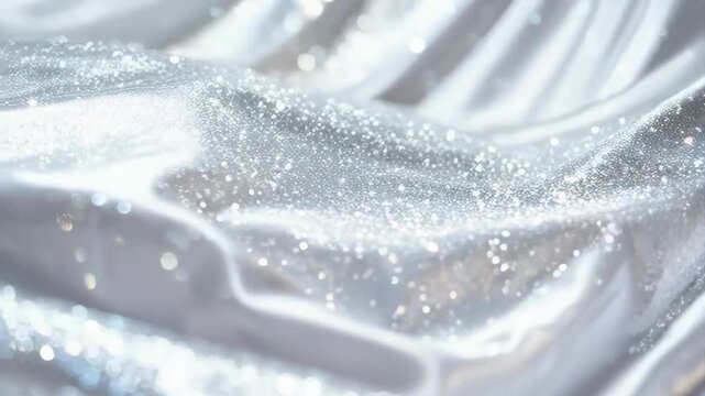 Elegant White Silk Draped Fabric with Sparkling Glitter Particles and Soft Bokeh Lights Creating a Luxurious and Dreamy Atmosphere