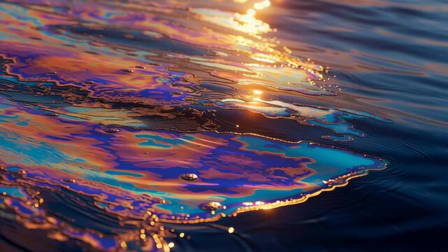 Colorful oil spill shimmering on the water surface in sunlight, symbolizing pollution, environmental damage, and ecological crisis caused by industry