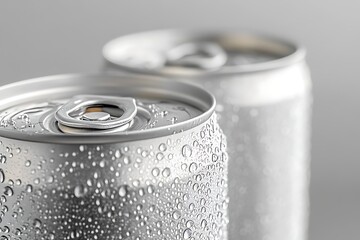 Close up of two cold refreshing aluminum beverage cans with condensation