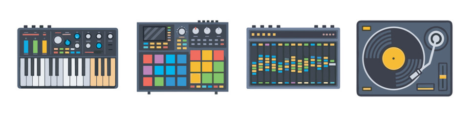 Colorful digital music equipment icons including a keyboard, drum pad controller, audio mixer, and turntable for music production and djing.